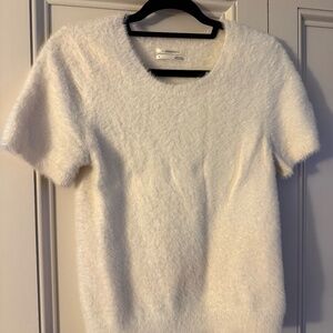 Anthropologie White Short Sleeve Crew Neck Fuzzy Sweater